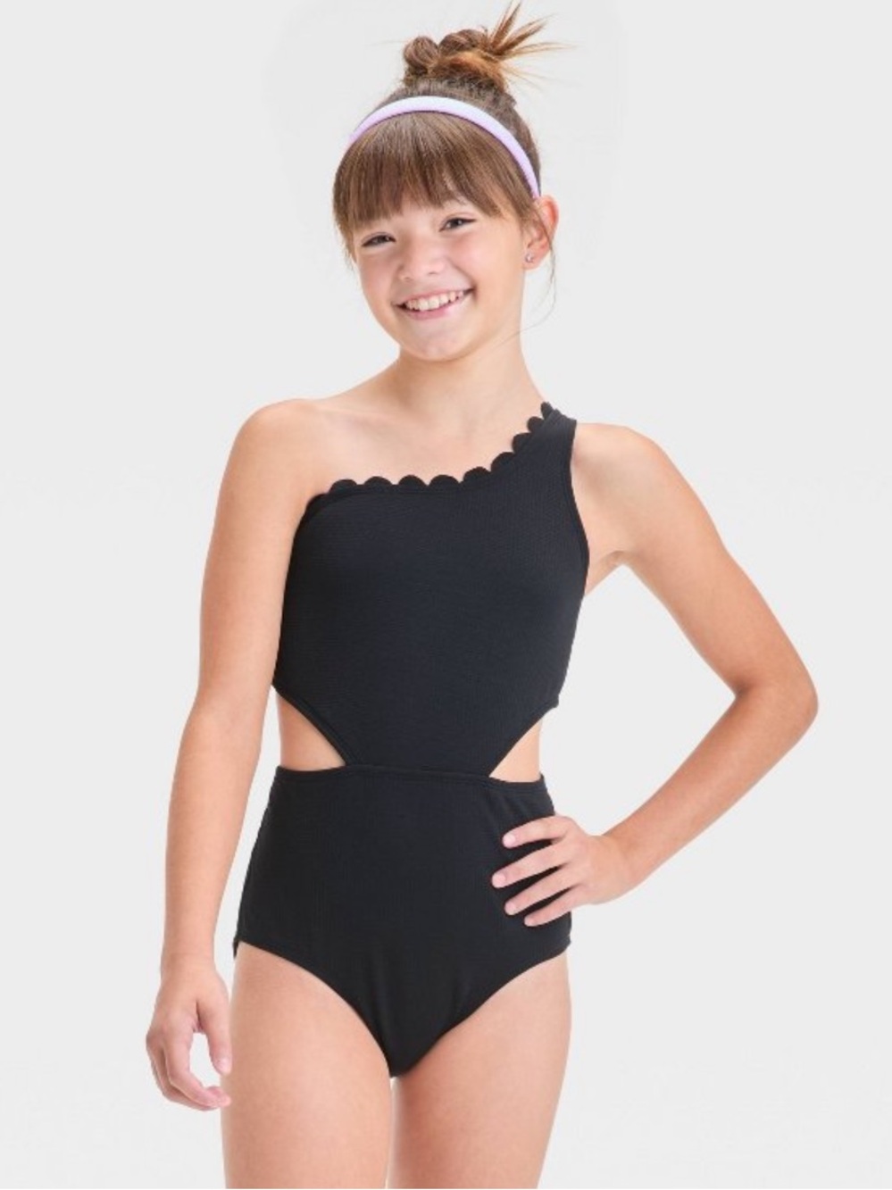 Art Class L(10/12) Jacquard Swimsuit One Shoulder Scalloped Edge